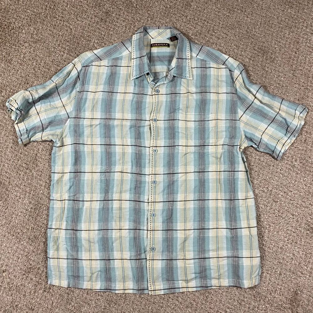 Cubavera Linen Shirt Mens XXL Short Sleeve Summer Vacation Plaid Dad Button Up